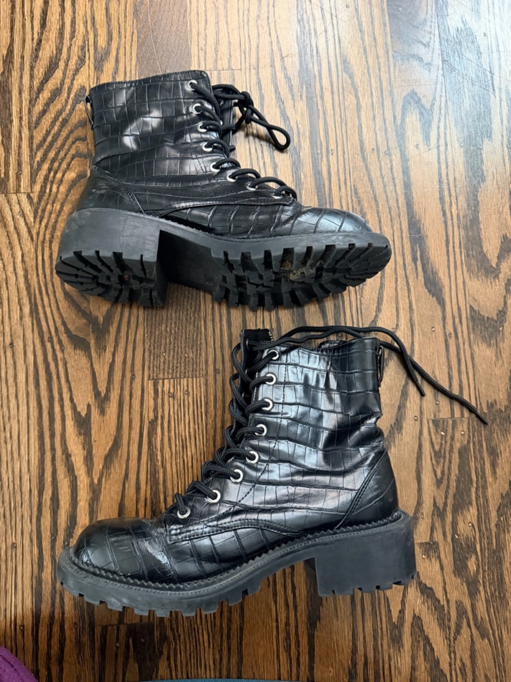 Black Croc-Embossed Lace-Up Combat Boots - Women 6